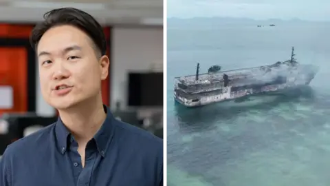 On the left is BBC correspondent Jake Kwon and on the right is a burnt ferry in the water