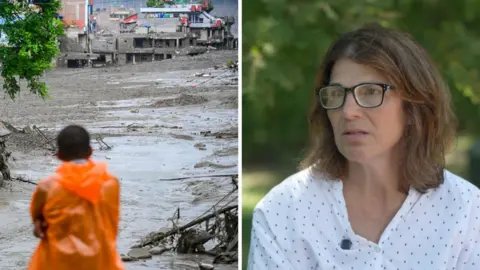 A splitscreen of a flooded landscape on the left and a man wearing an orange poncho and a woman on the right wearing glasses.