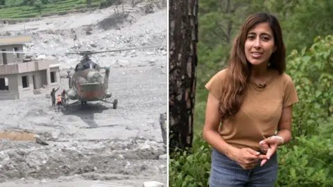 Split screen showing a helicopter landed on rubble and BBC reporter Azadeh Moshiri speaking to camera surrounded by greenery.