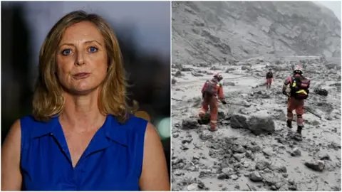 Composite image: Woman wearing a blue dress on the left hand side and rescue teams search mud and debris on the right hand side