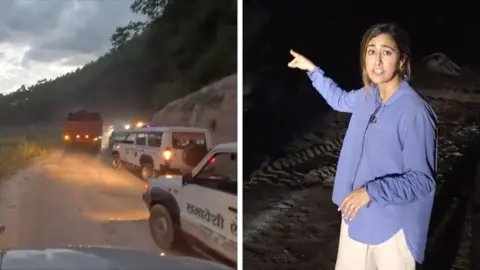 Composite of cars on the left, Azadeh Moshiri pointing behind her on the right
