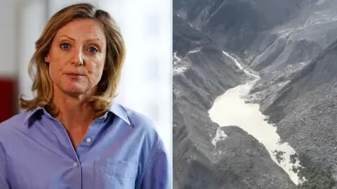 Laura Bicker in a blue shirt (l) and a mountaintop lake (r)