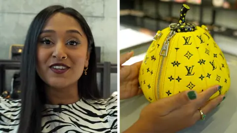 Composite image, on the left is BBC presenter Vandhna Bhan wearing a zebra print top, on the right is a  Louis Vuitton Kusama yellow pumpkin bag