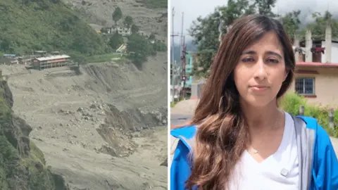 Left, a lone building stands amid the flood wreckage. Right, a woman with shoulder length brown hair stands.