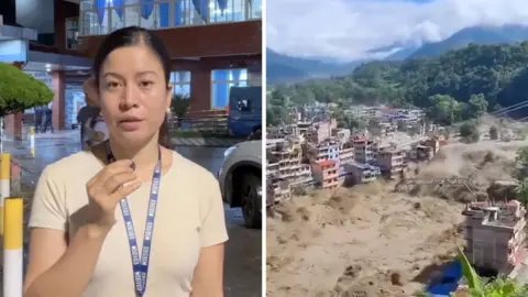 Woman holding a microphone split screen with flood tearing through a village.