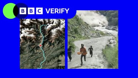 A composite image showing map and a screengrab from a verified video that has emerged from Nepal following floods. The picture on the left shows a map of the Trishuli river, the picture on the right shows people fleeing from the flood water